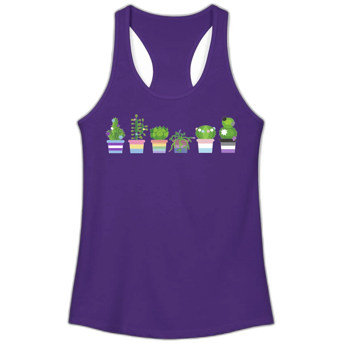 Six colorful potted cacti and succulents with rainbow-striped planters and delicate flowers in a cheerful garden arrangement in Solid Purple Rush