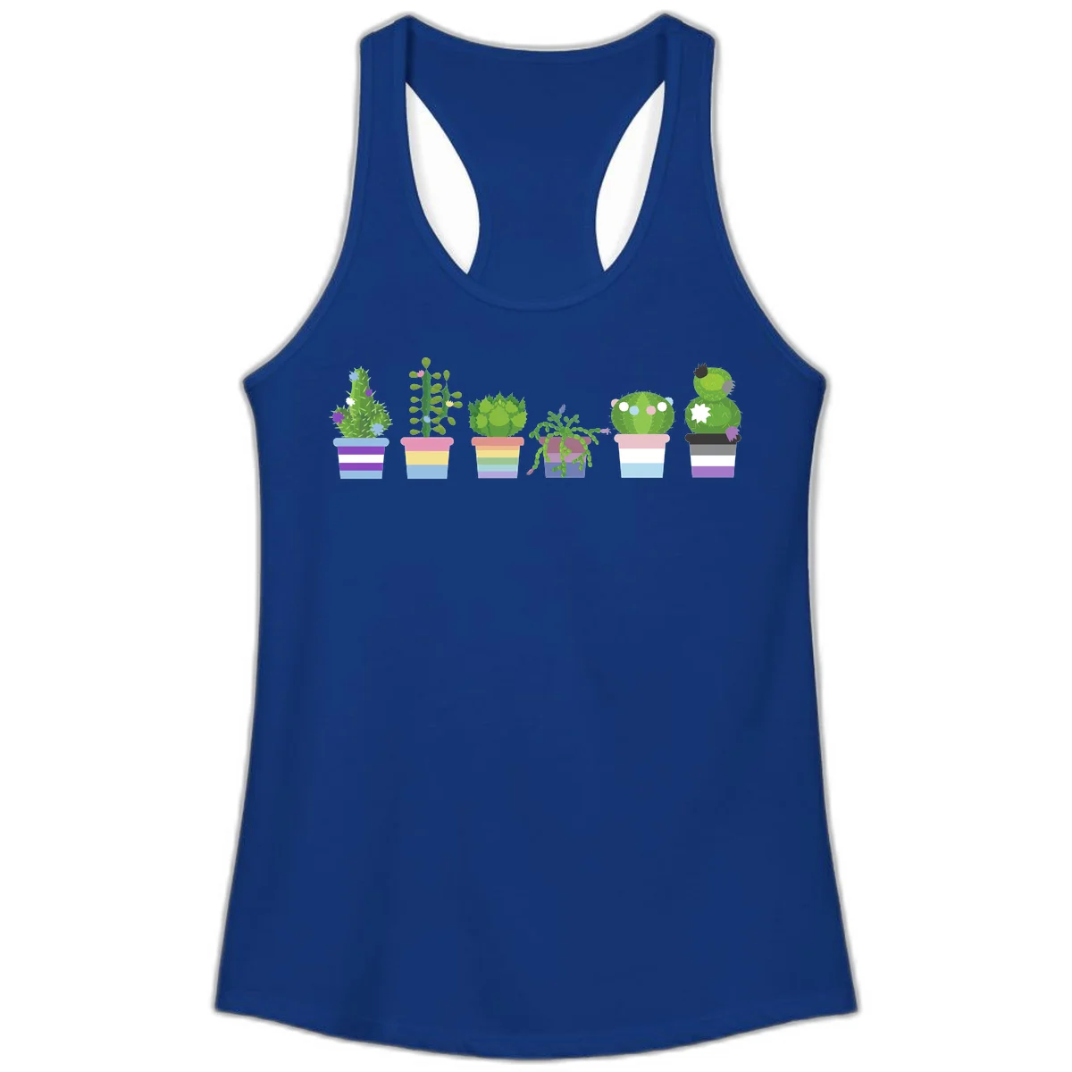 Six colorful potted cacti and succulents with rainbow-striped planters and delicate flowers in a cheerful garden arrangement in Solid Royal