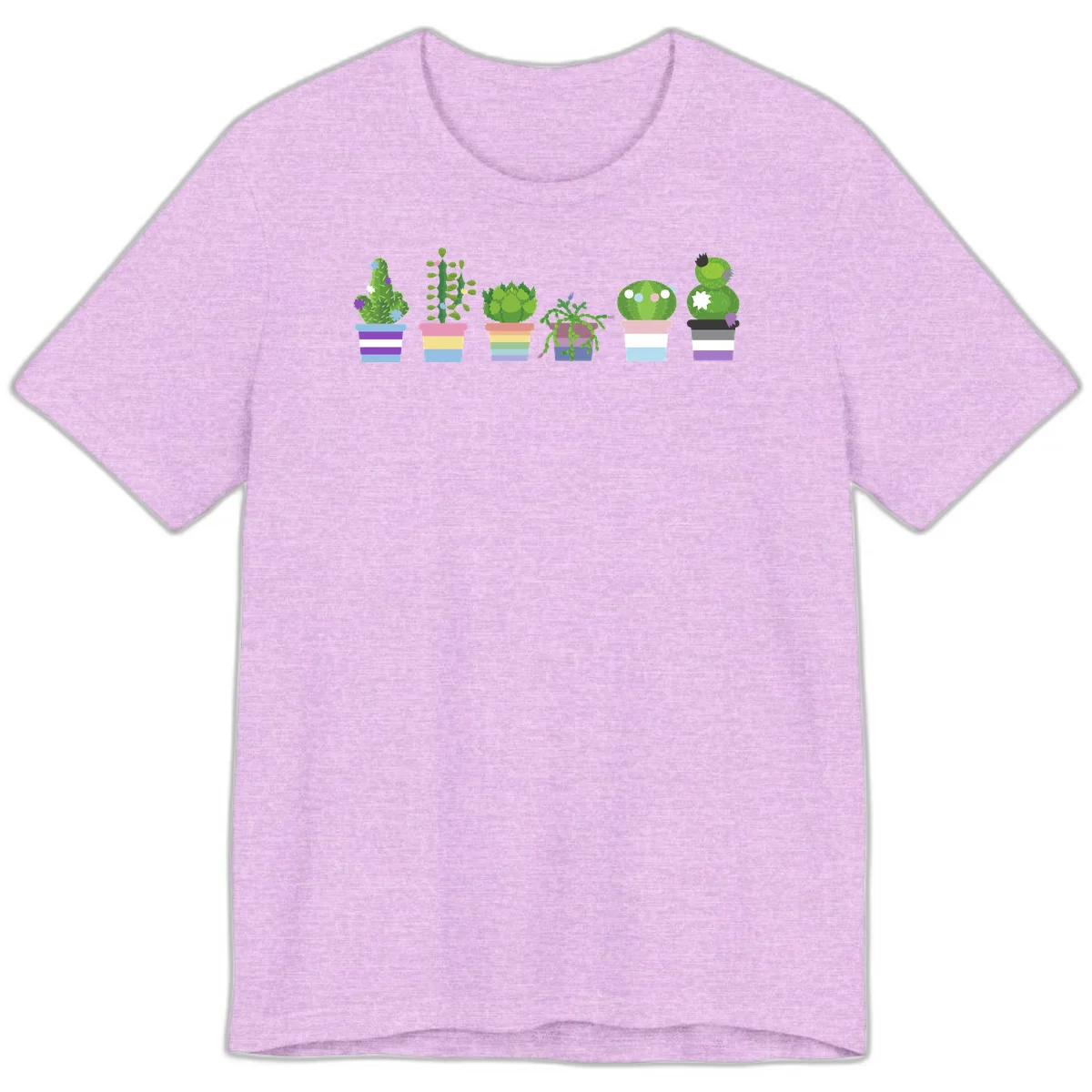 Six colorful potted cacti and succulents with rainbow-striped planters and delicate flowers in a cheerful garden arrangement in Heather Prism Lilac