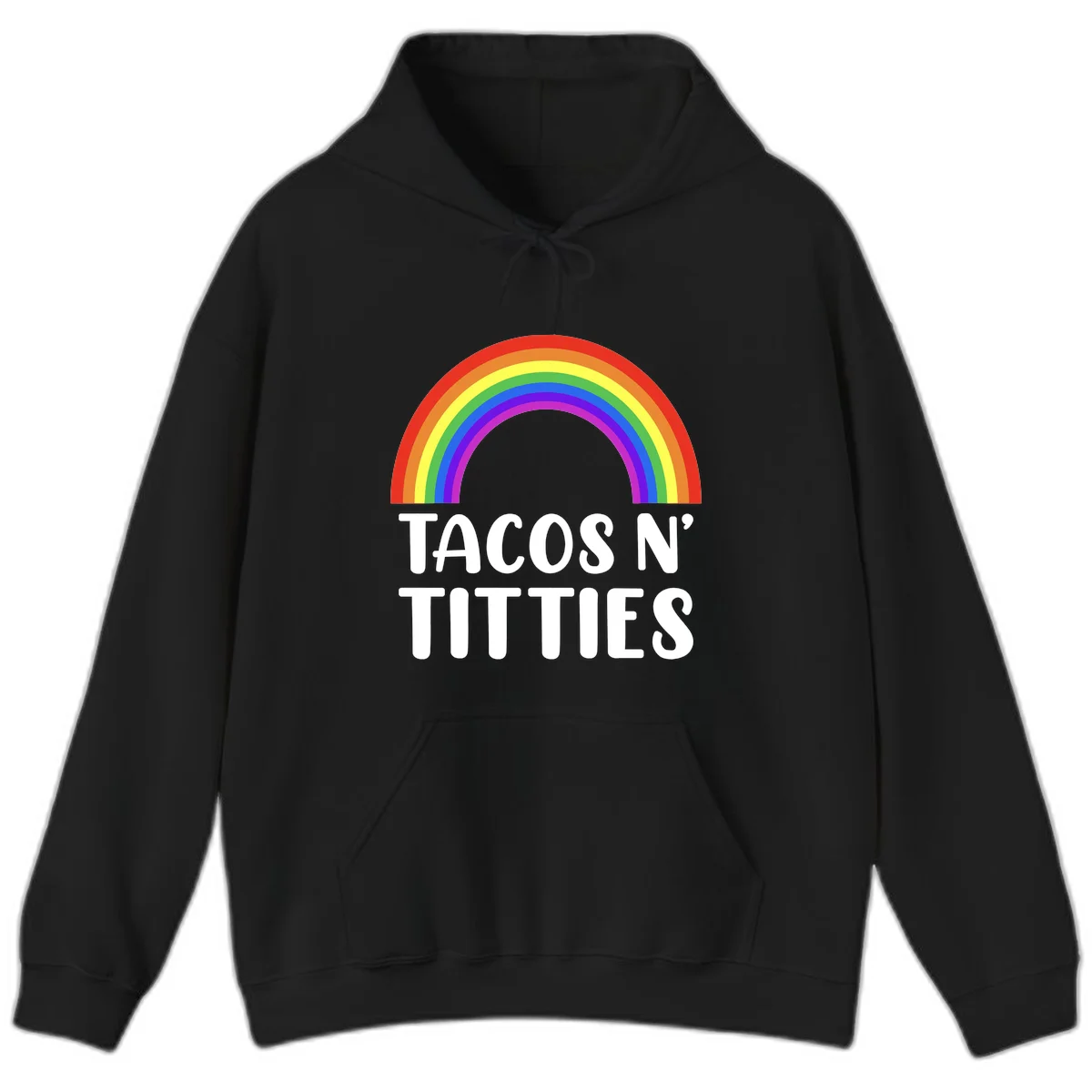 Colorful rainbow arc above white text reading 'TACOS N' TACOS' on gray background, celebrating Pride with playful design in Black