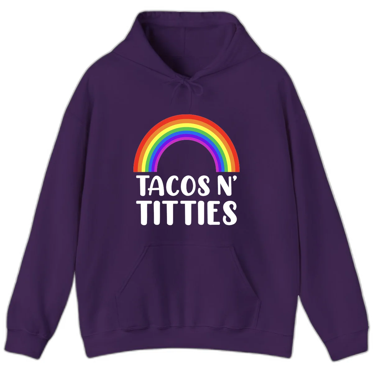Colorful rainbow arc above white text reading 'TACOS N' TACOS' on gray background, celebrating Pride with playful design in Purple
