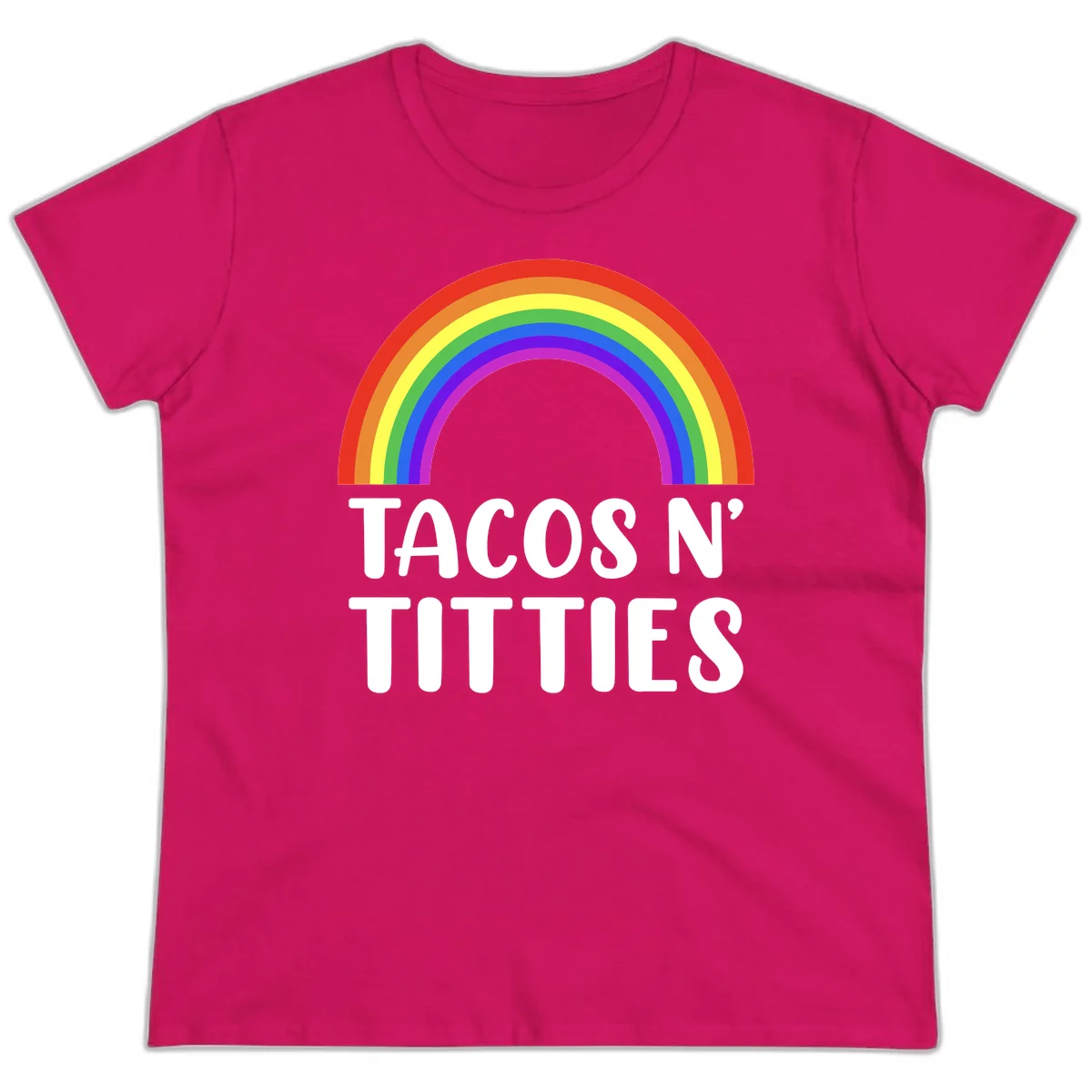 Colorful rainbow arc above white text reading 'TACOS N' TACOS' on gray background, celebrating Pride with playful design in Heliconia
