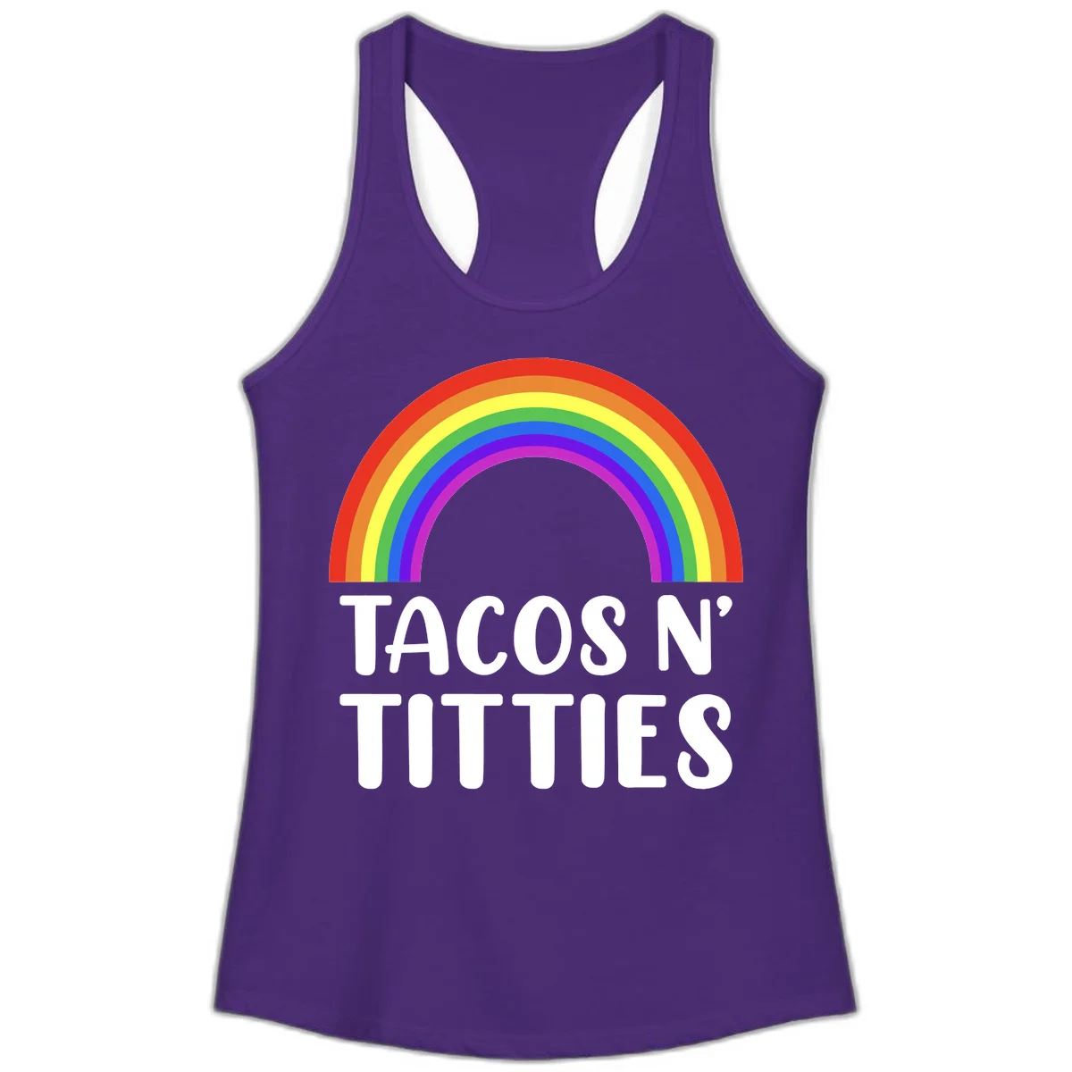 Colorful rainbow arc above white text reading 'TACOS N' TACOS' on gray background, celebrating Pride with playful design in Solid Purple Rush