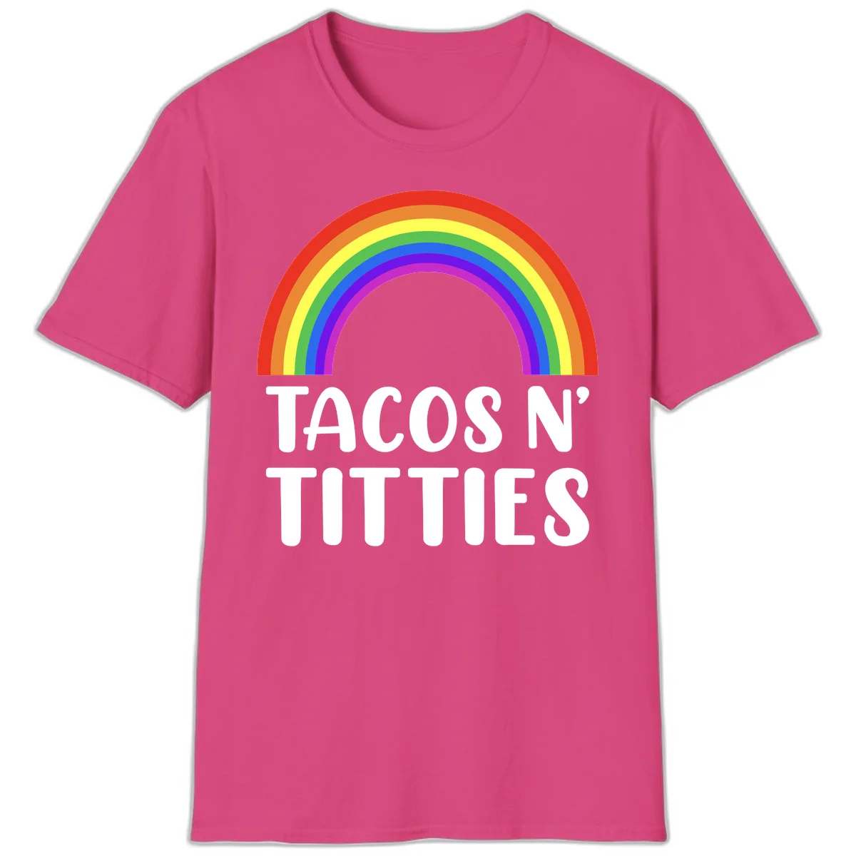 Colorful rainbow arc above white text reading 'TACOS N' TACOS' on gray background, celebrating Pride with playful design in Heliconia