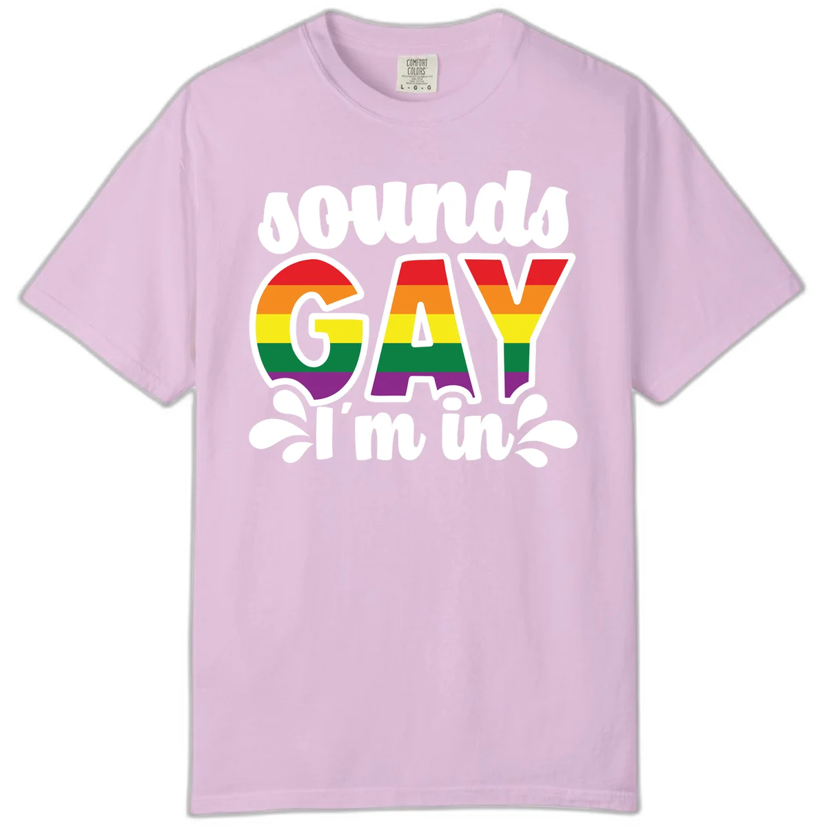 Proud gay I'm in design with rainbow pride flag stripes filling large bold letters and white decorative flourishes in Orchid