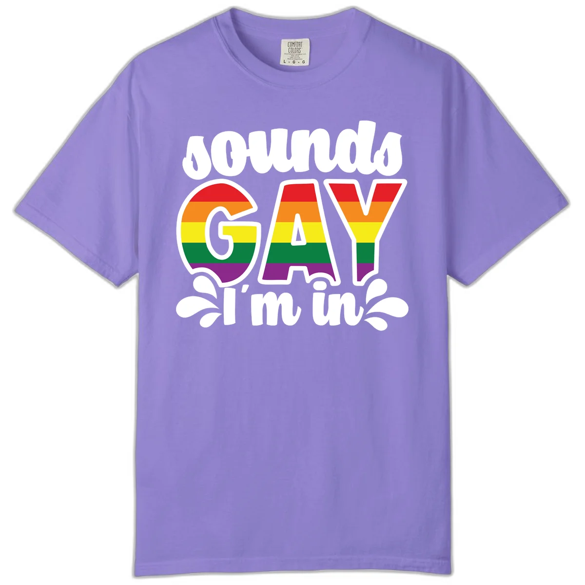 Proud gay I'm in design with rainbow pride flag stripes filling large bold letters and white decorative flourishes in Violet
