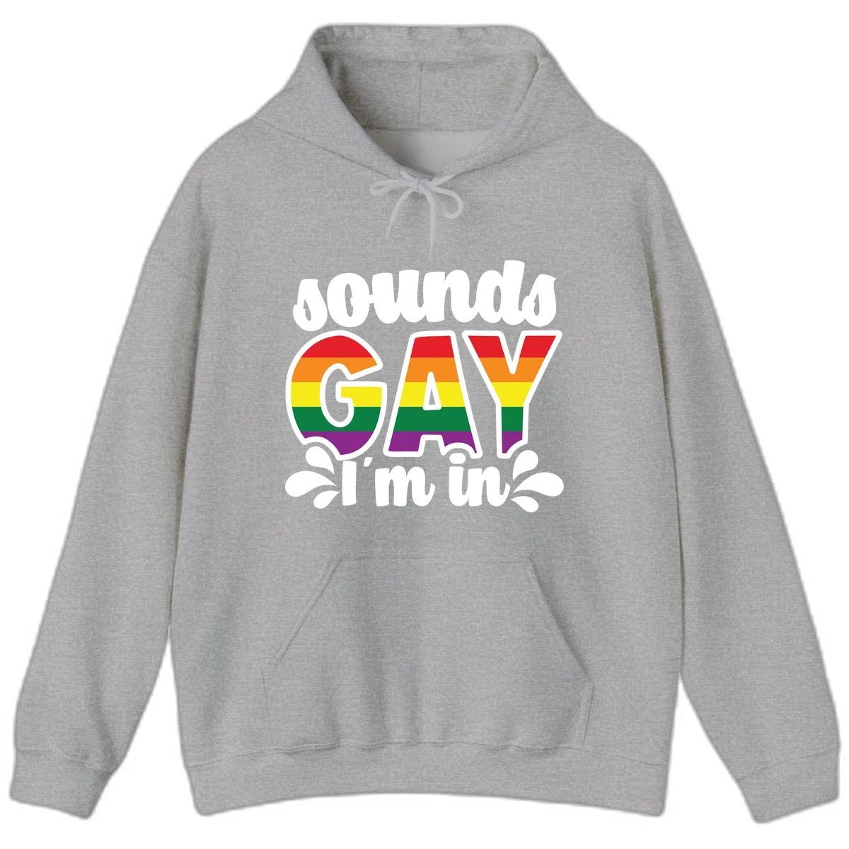 Proud gay I'm in design with rainbow pride flag stripes filling large bold letters and white decorative flourishes in Sport Grey