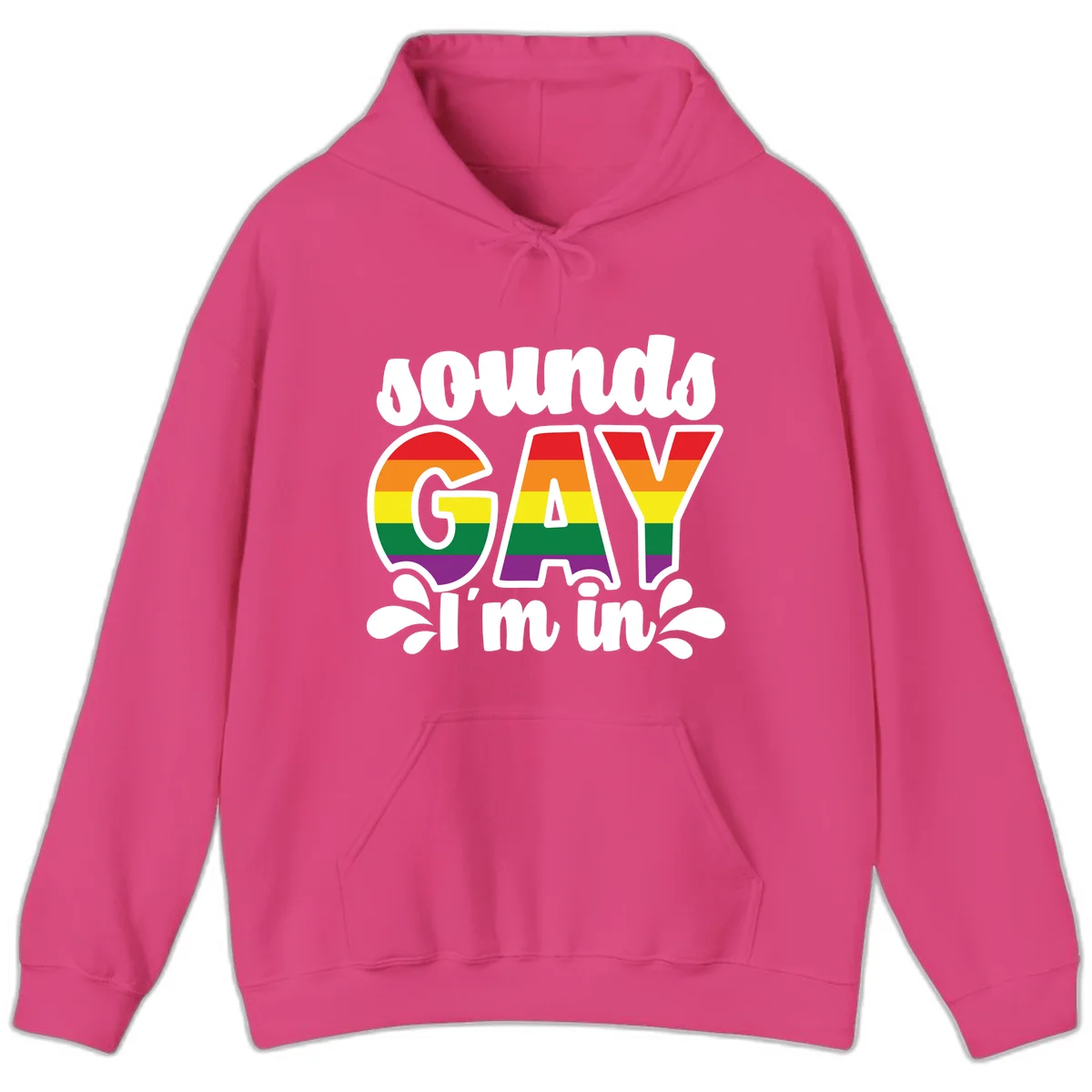 Proud gay I'm in design with rainbow pride flag stripes filling large bold letters and white decorative flourishes in Heliconia