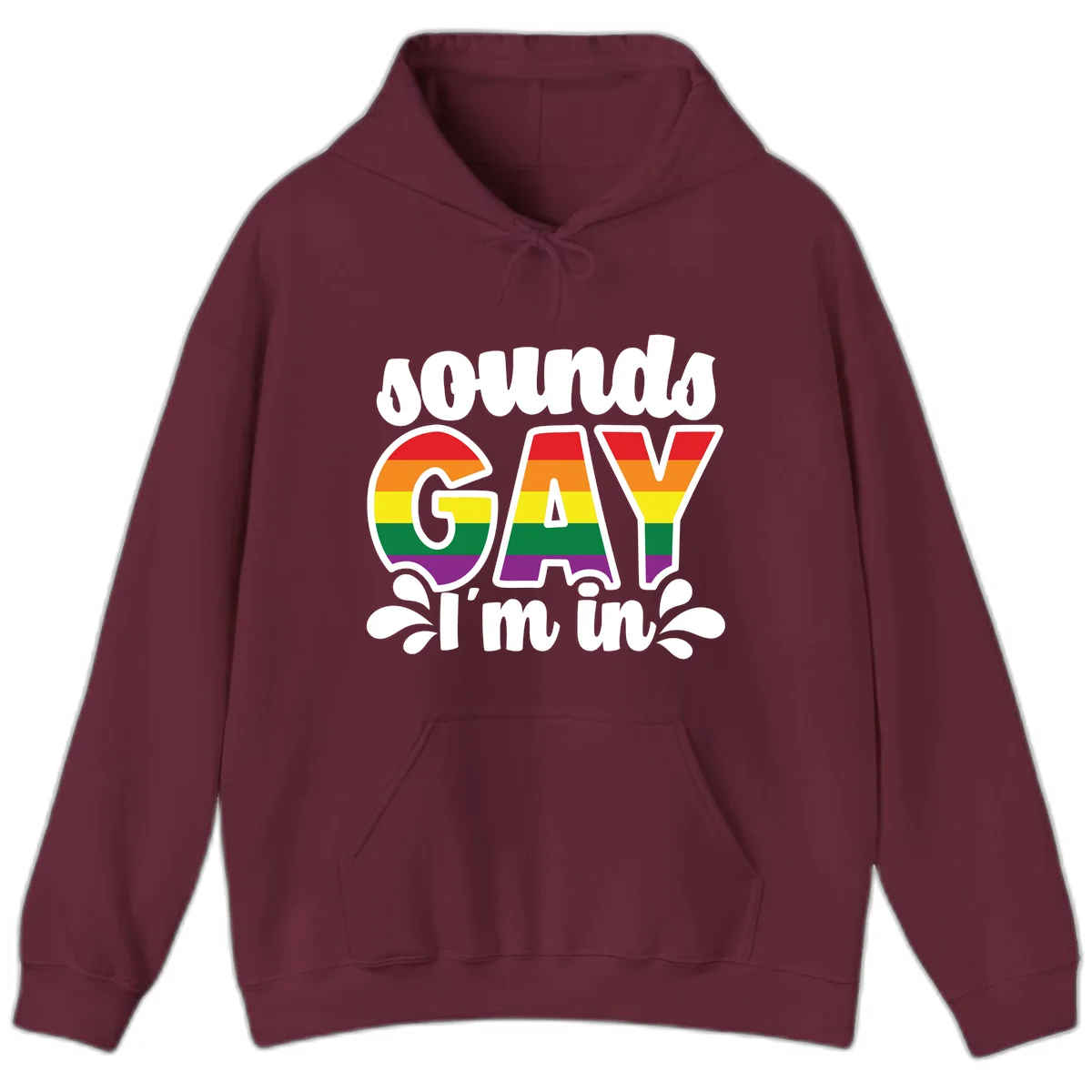 Proud gay I'm in design with rainbow pride flag stripes filling large bold letters and white decorative flourishes in Maroon