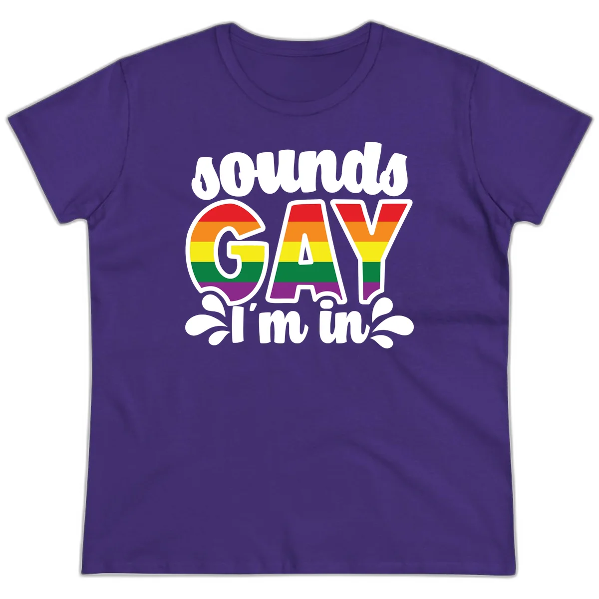 Proud gay I'm in design with rainbow pride flag stripes filling large bold letters and white decorative flourishes in Purple