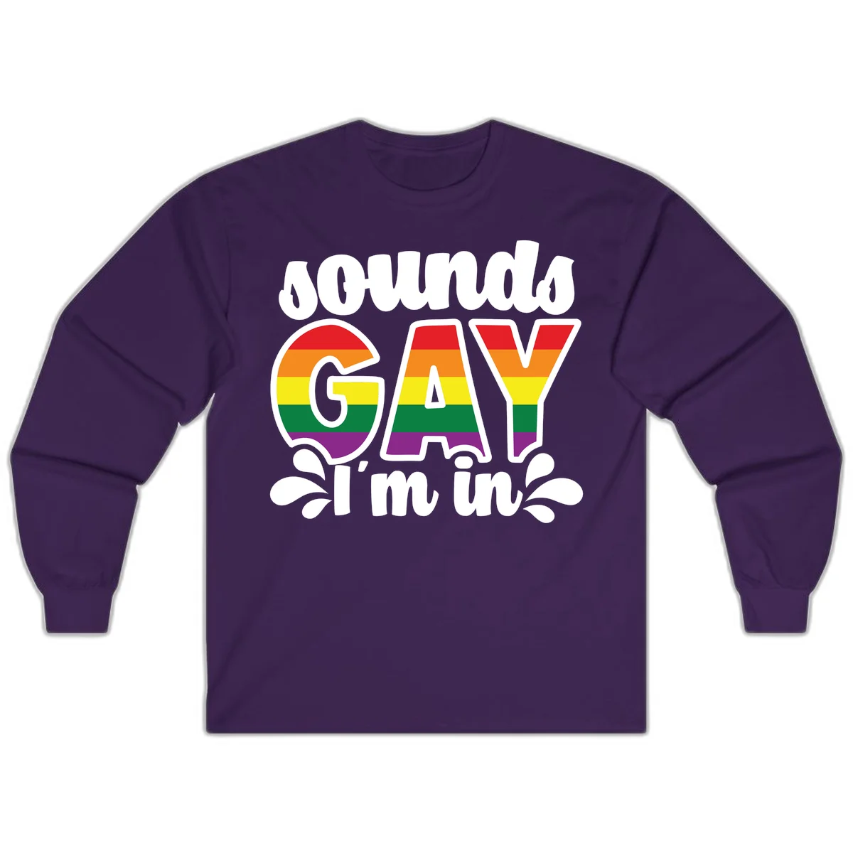 Proud gay I'm in design with rainbow pride flag stripes filling large bold letters and white decorative flourishes in Purple