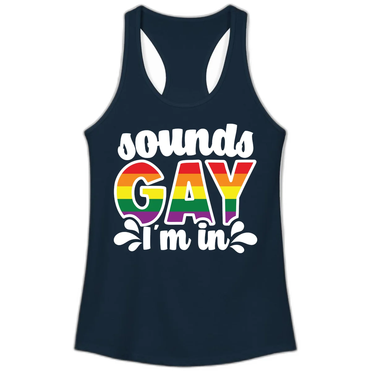 Proud gay I'm in design with rainbow pride flag stripes filling large bold letters and white decorative flourishes in Solid Midnight Navy