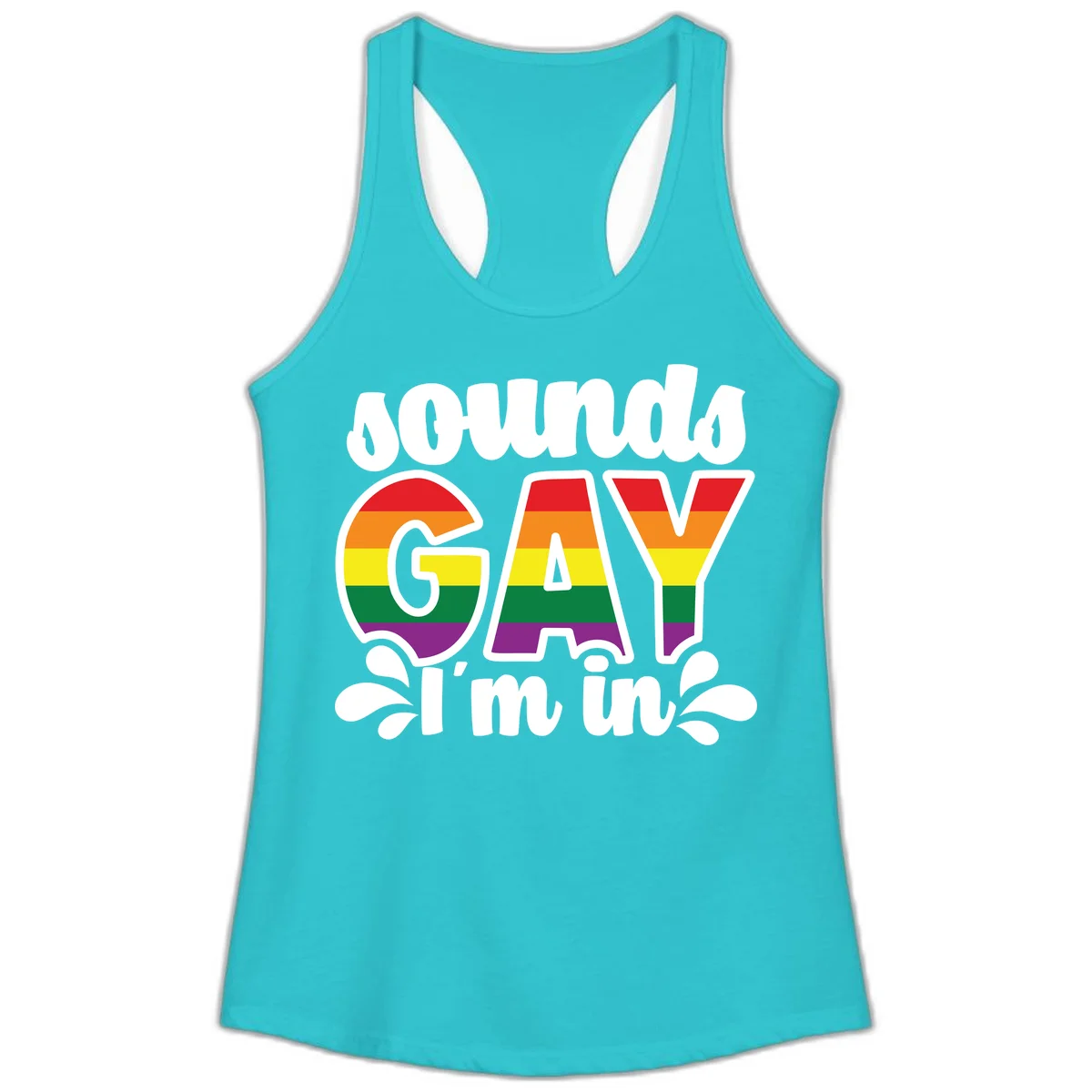 Proud gay I'm in design with rainbow pride flag stripes filling large bold letters and white decorative flourishes in Solid Tahiti Blue
