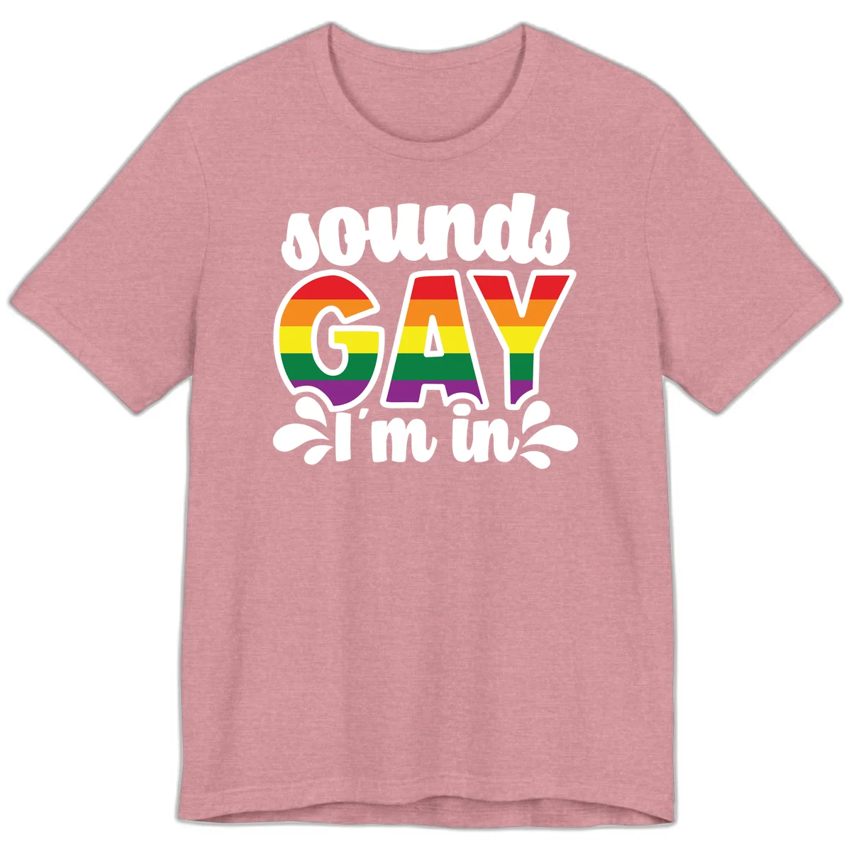 Proud gay I'm in design with rainbow pride flag stripes filling large bold letters and white decorative flourishes in Heather Orchid