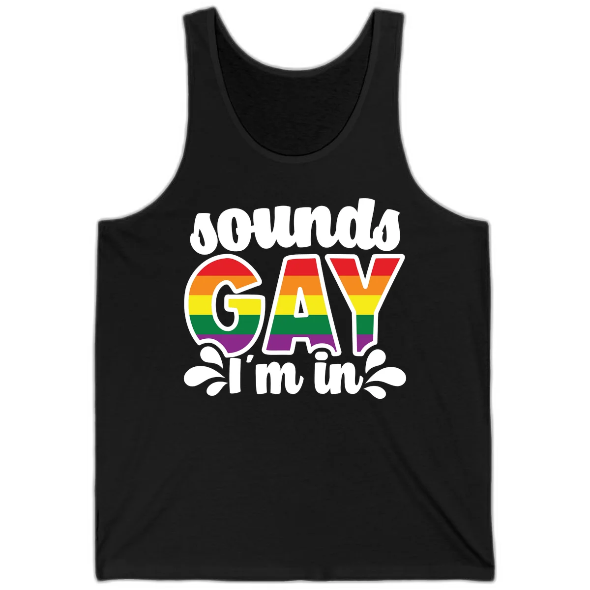 Proud gay I'm in design with rainbow pride flag stripes filling large bold letters and white decorative flourishes in Black