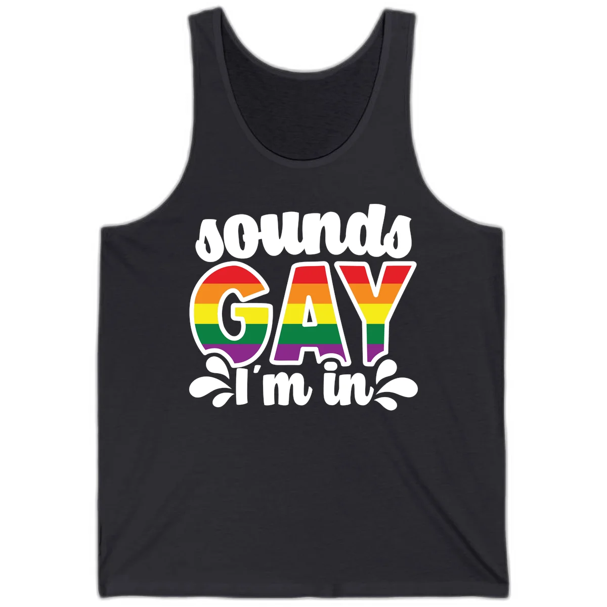 Proud gay I'm in design with rainbow pride flag stripes filling large bold letters and white decorative flourishes in Dark Grey