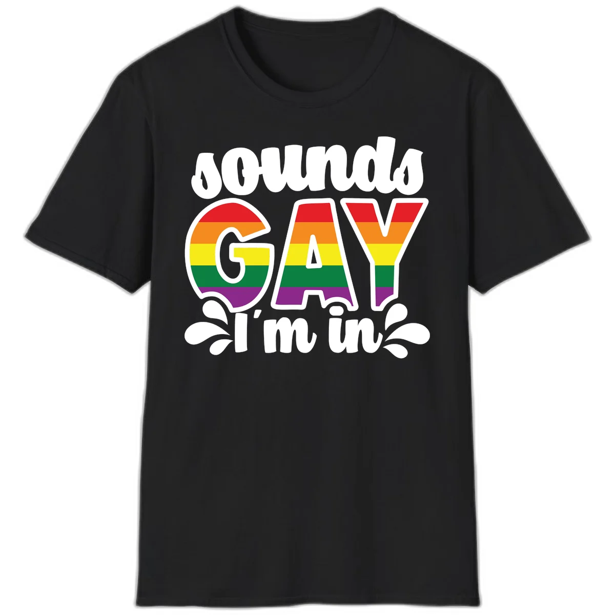 Proud gay I'm in design with rainbow pride flag stripes filling large bold letters and white decorative flourishes in Black