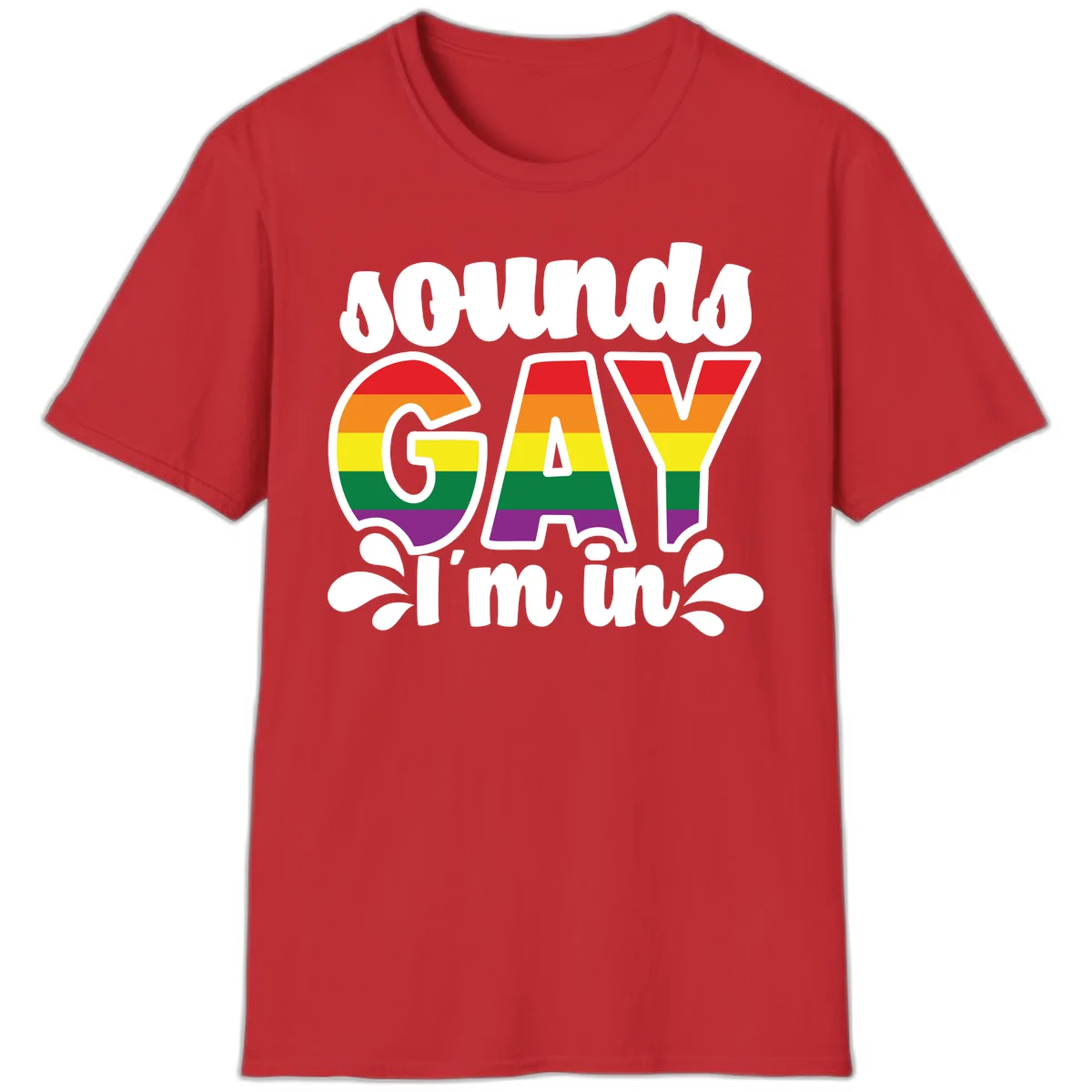 Proud gay I'm in design with rainbow pride flag stripes filling large bold letters and white decorative flourishes in Red