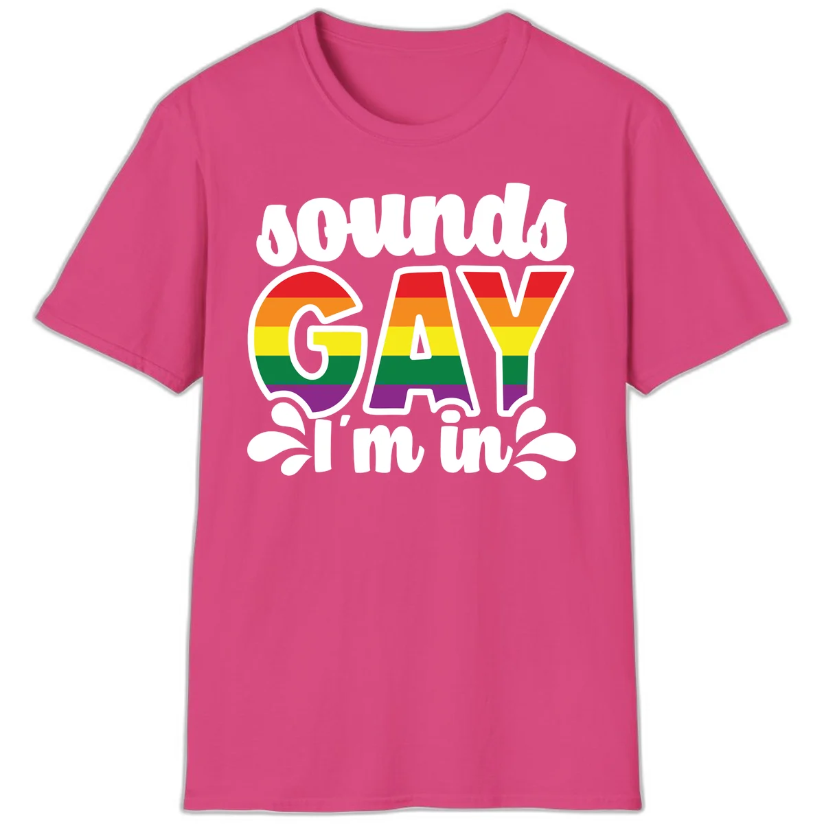 Proud gay I'm in design with rainbow pride flag stripes filling large bold letters and white decorative flourishes in Heliconia