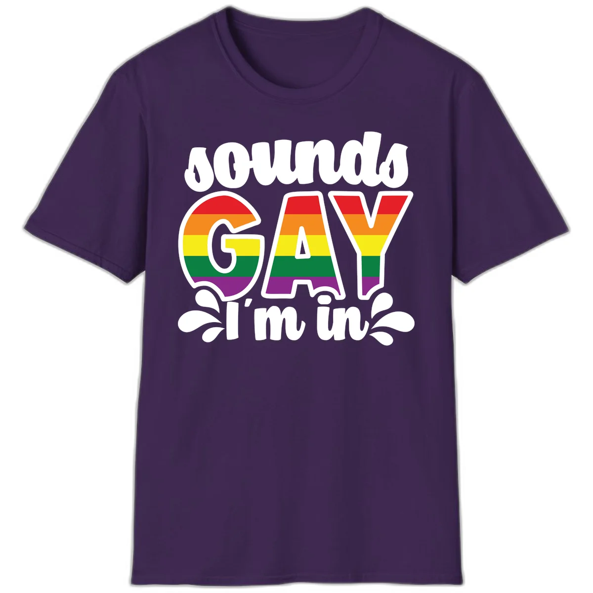 Proud gay I'm in design with rainbow pride flag stripes filling large bold letters and white decorative flourishes in Purple