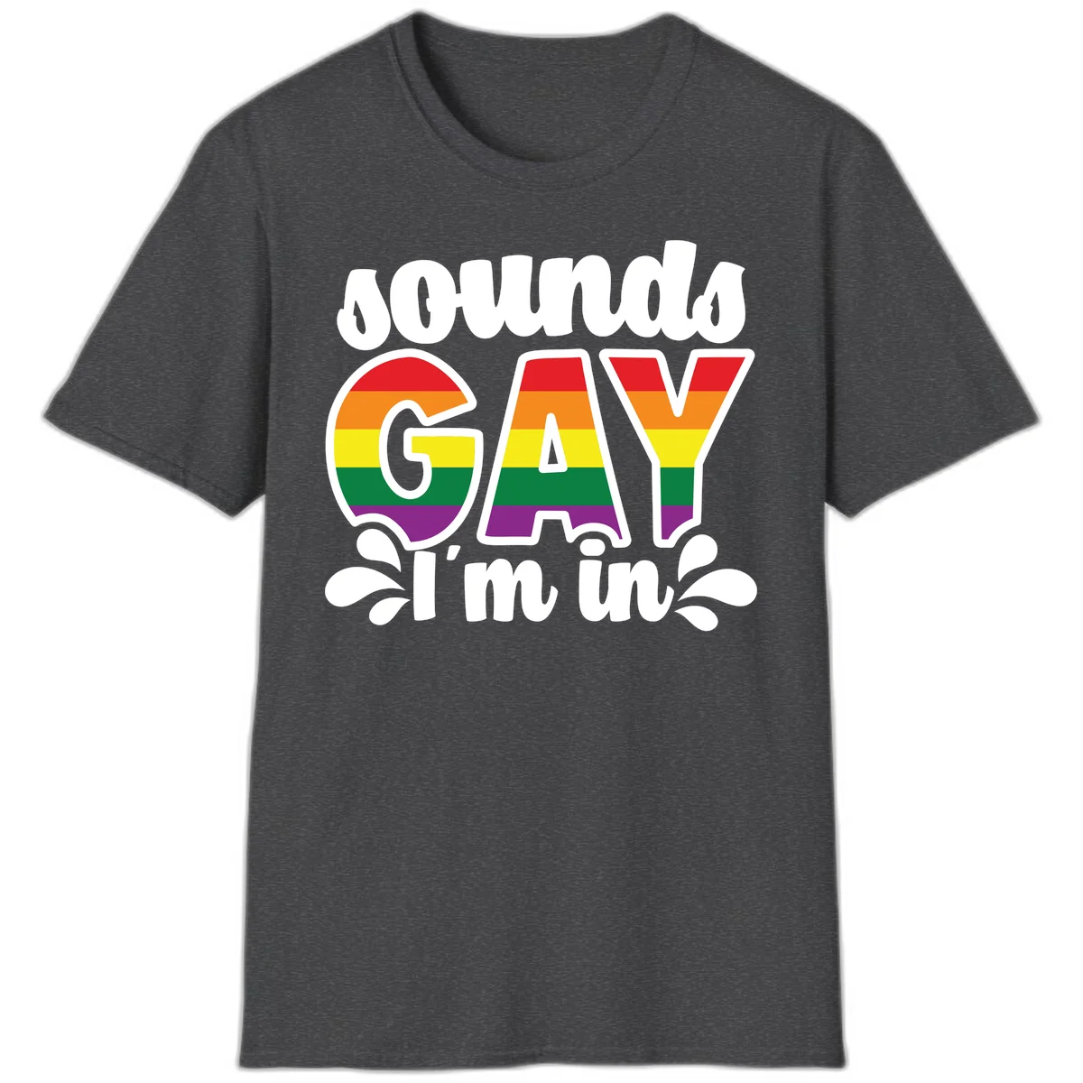 Proud gay I'm in design with rainbow pride flag stripes filling large bold letters and white decorative flourishes in Dark Heather