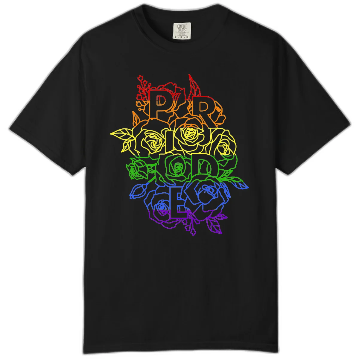 Pride rainbow floral design with roses and botanical leaves in red, orange, yellow, green, blue, and purple surrounding the word PRIDE in Black