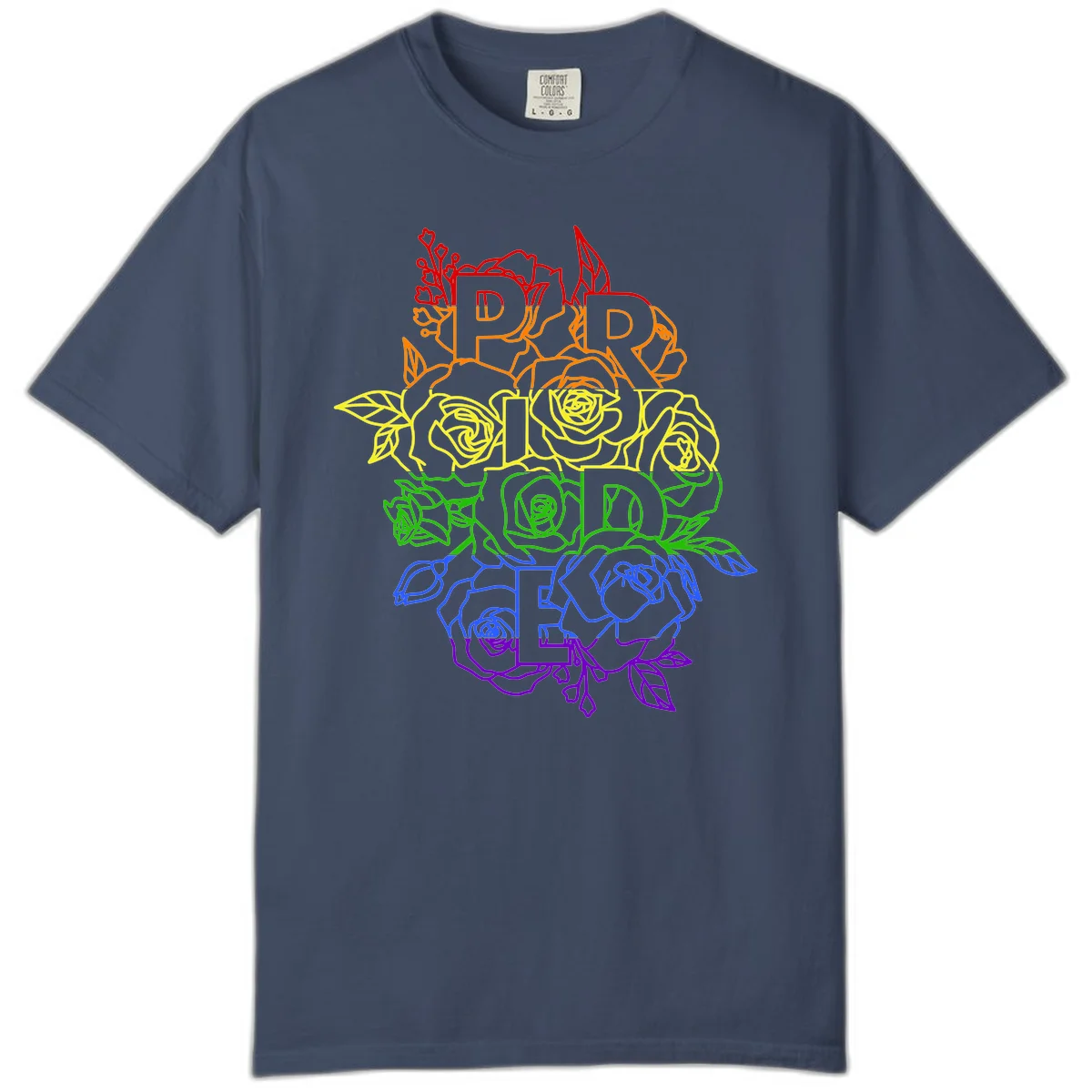 Pride rainbow floral design with roses and botanical leaves in red, orange, yellow, green, blue, and purple surrounding the word PRIDE in Midnight