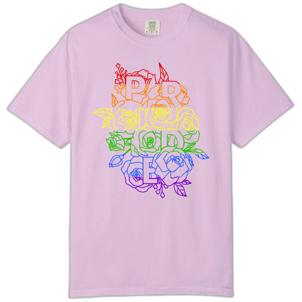 Pride rainbow floral design with roses and botanical leaves in red, orange, yellow, green, blue, and purple surrounding the word PRIDE in Orchid