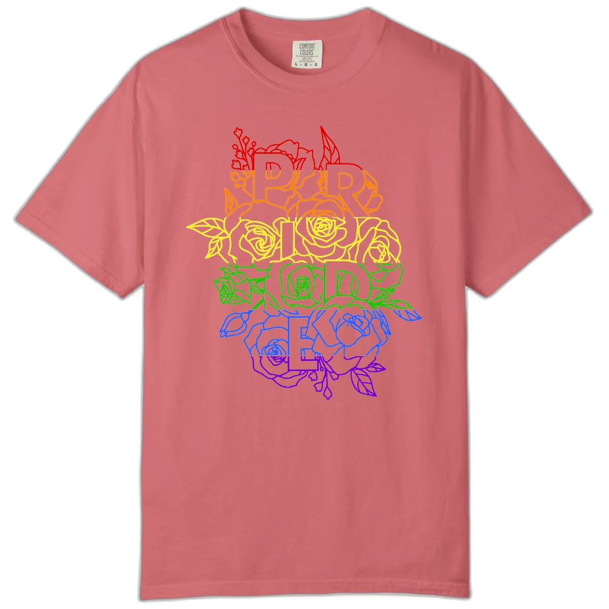 Pride rainbow floral design with roses and botanical leaves in red, orange, yellow, green, blue, and purple surrounding the word PRIDE in Watermelon