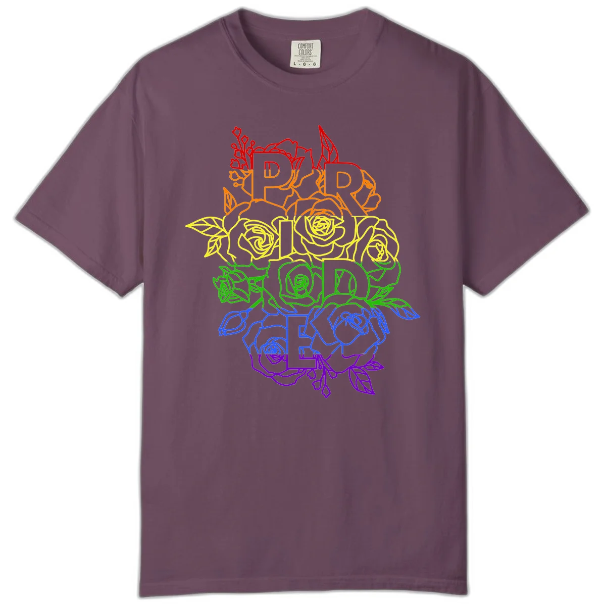 Pride rainbow floral design with roses and botanical leaves in red, orange, yellow, green, blue, and purple surrounding the word PRIDE in Berry