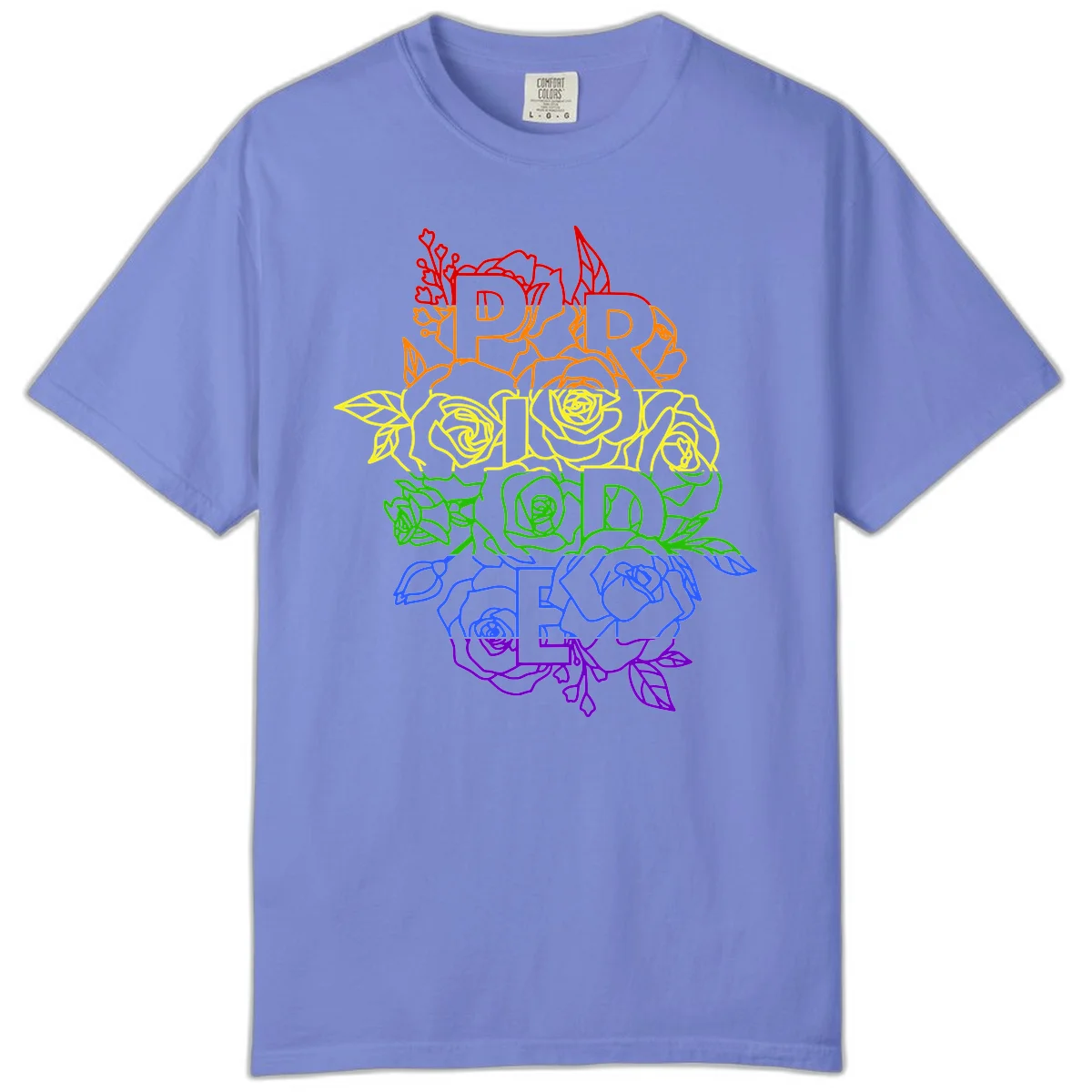 Pride rainbow floral design with roses and botanical leaves in red, orange, yellow, green, blue, and purple surrounding the word PRIDE in Flo Blue