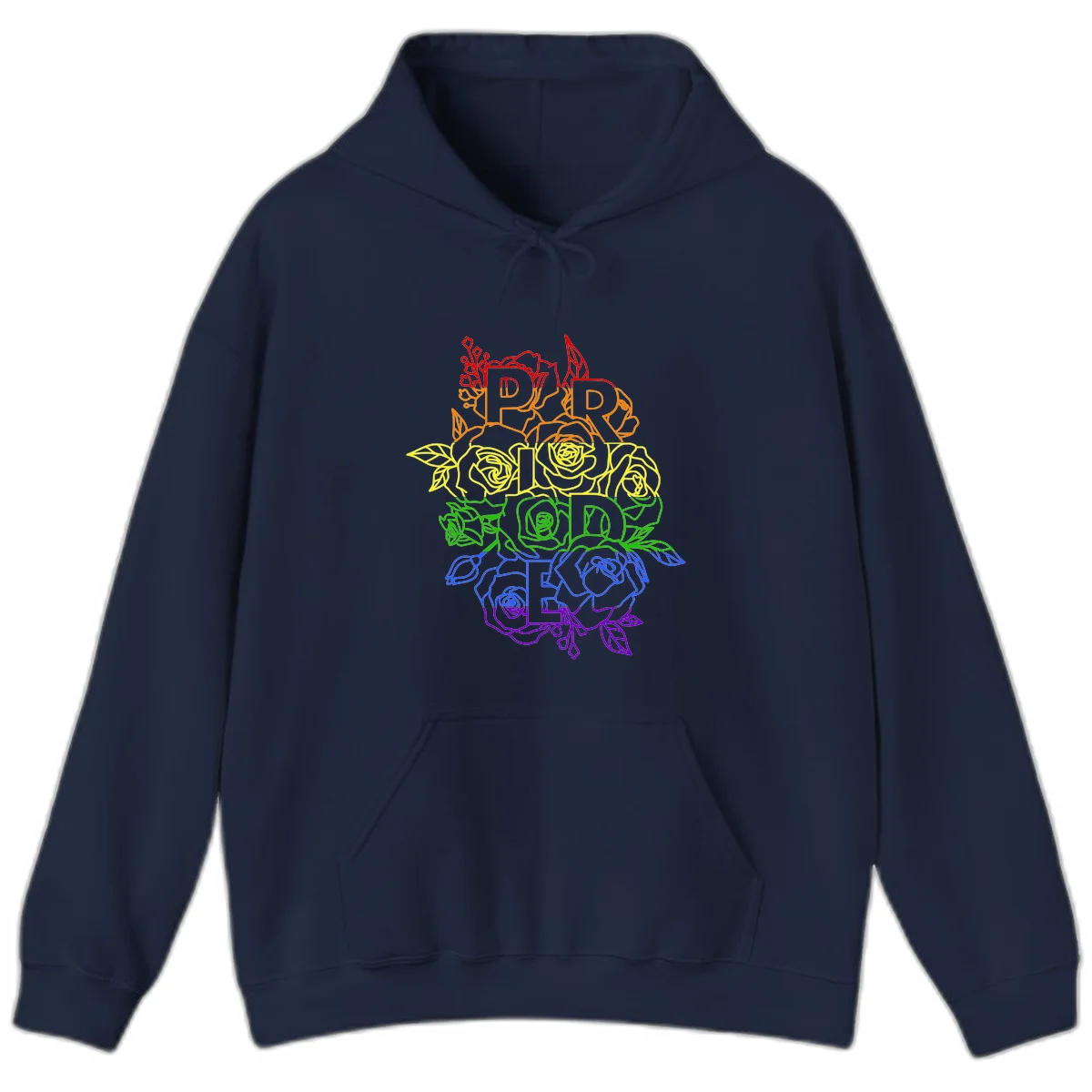 Pride rainbow floral design with roses and botanical leaves in red, orange, yellow, green, blue, and purple surrounding the word PRIDE in Navy