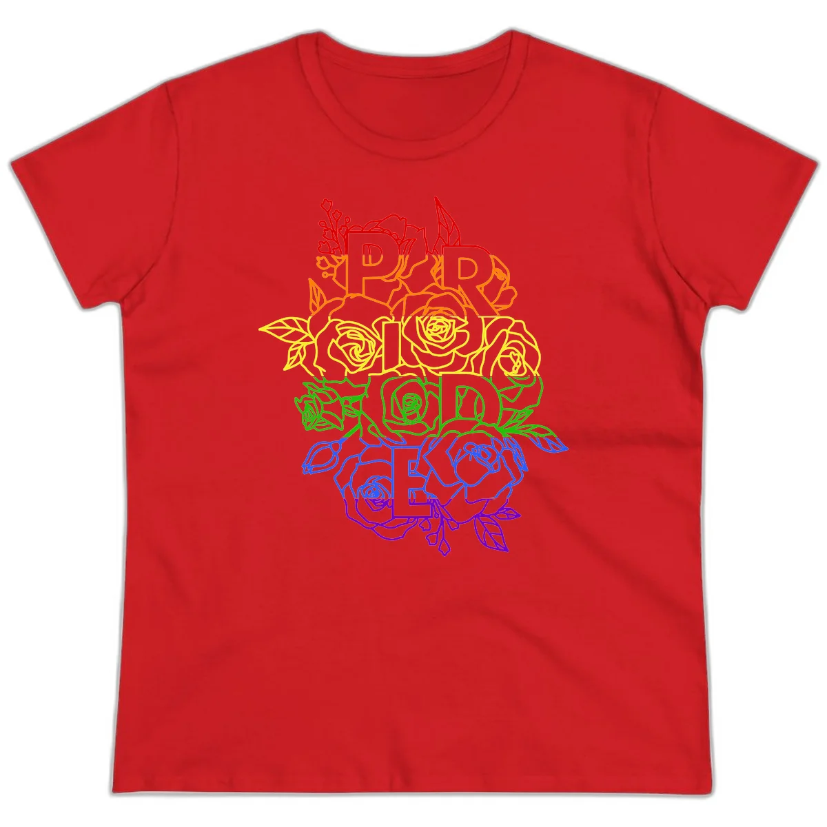Pride rainbow floral design with roses and botanical leaves in red, orange, yellow, green, blue, and purple surrounding the word PRIDE in Red