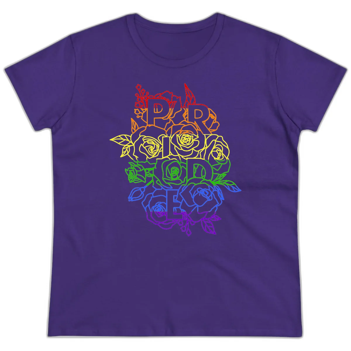 Pride rainbow floral design with roses and botanical leaves in red, orange, yellow, green, blue, and purple surrounding the word PRIDE in Purple