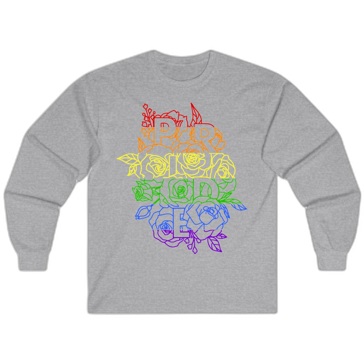 Pride rainbow floral design with roses and botanical leaves in red, orange, yellow, green, blue, and purple surrounding the word PRIDE in Sport Grey