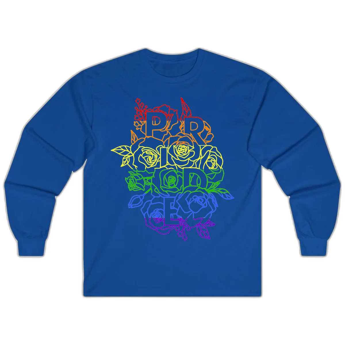 Pride rainbow floral design with roses and botanical leaves in red, orange, yellow, green, blue, and purple surrounding the word PRIDE in Royal