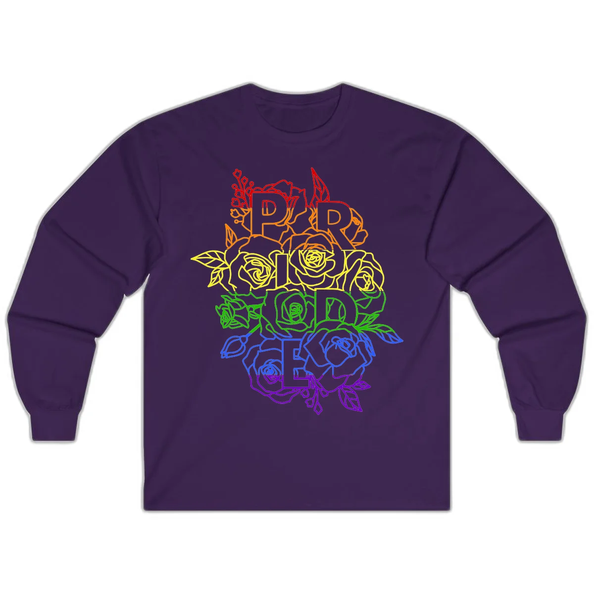 Pride rainbow floral design with roses and botanical leaves in red, orange, yellow, green, blue, and purple surrounding the word PRIDE in Purple