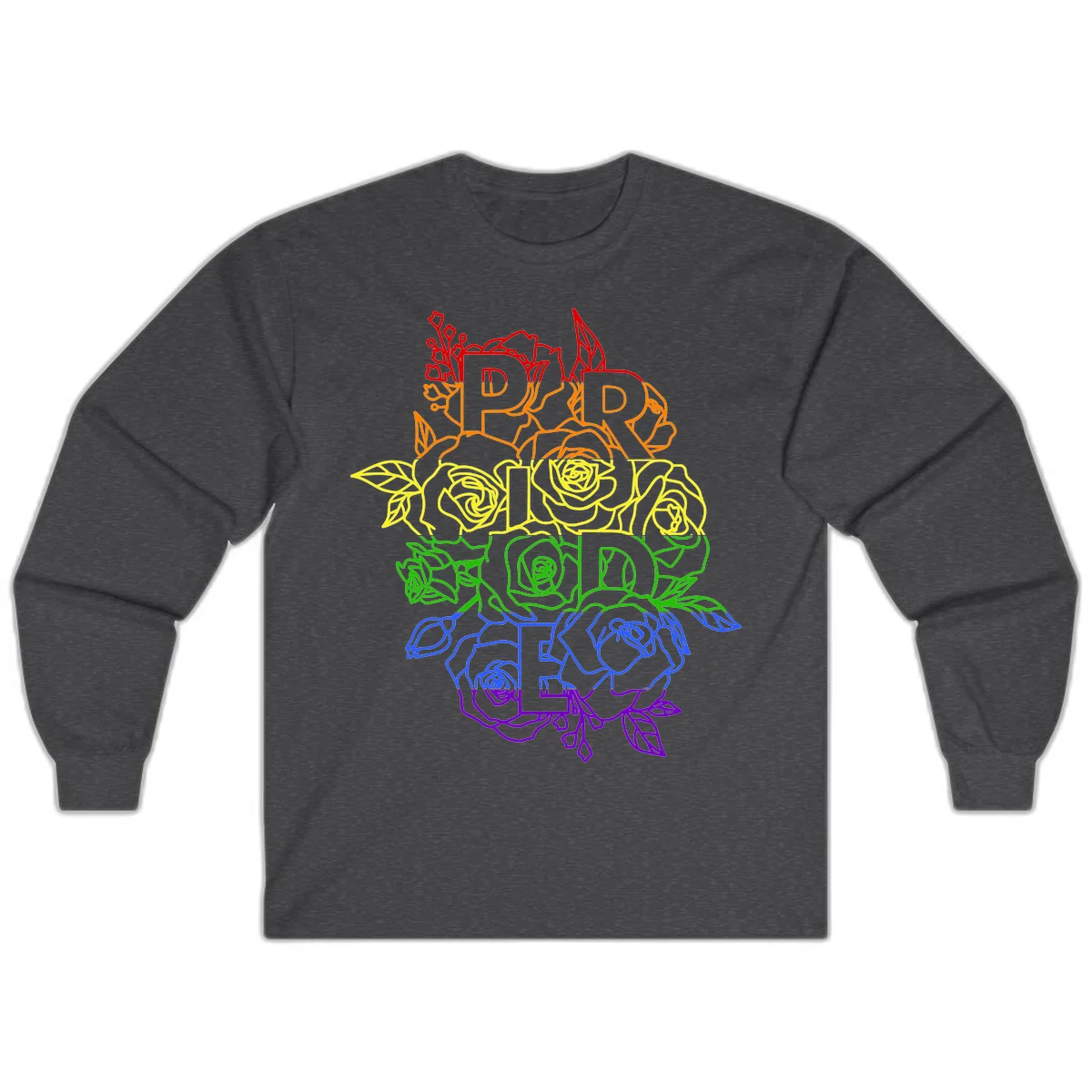 Pride rainbow floral design with roses and botanical leaves in red, orange, yellow, green, blue, and purple surrounding the word PRIDE in Dark Heather