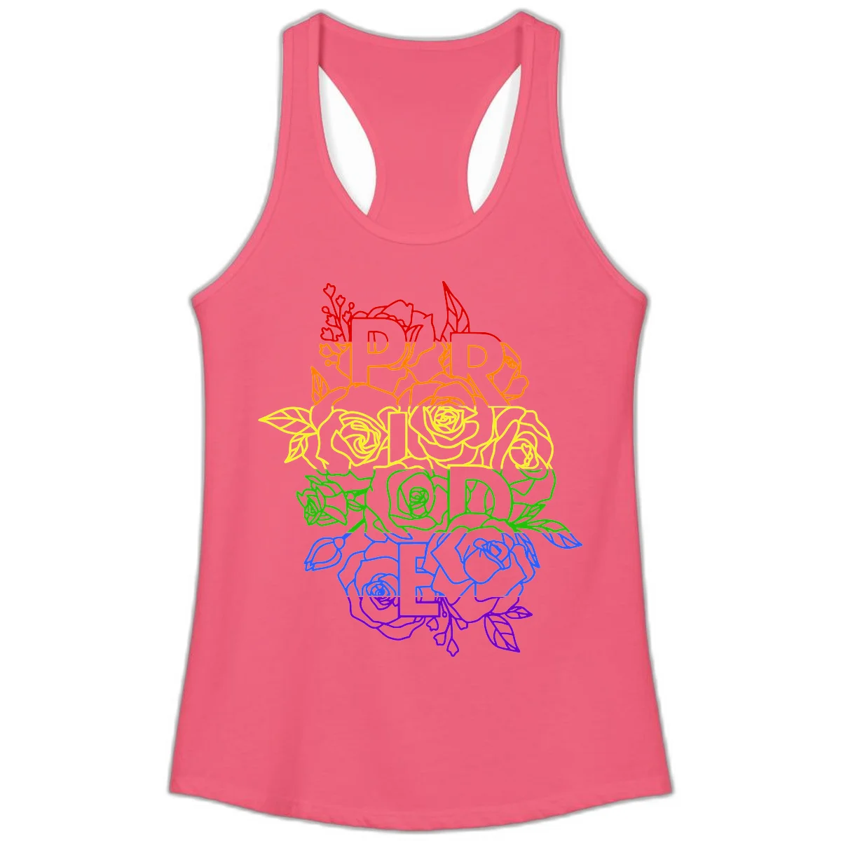 Pride rainbow floral design with roses and botanical leaves in red, orange, yellow, green, blue, and purple surrounding the word PRIDE in Hot Pink