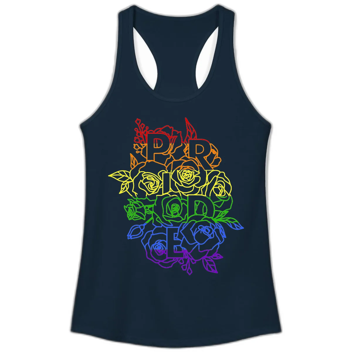 Pride rainbow floral design with roses and botanical leaves in red, orange, yellow, green, blue, and purple surrounding the word PRIDE in Solid Midnight Navy