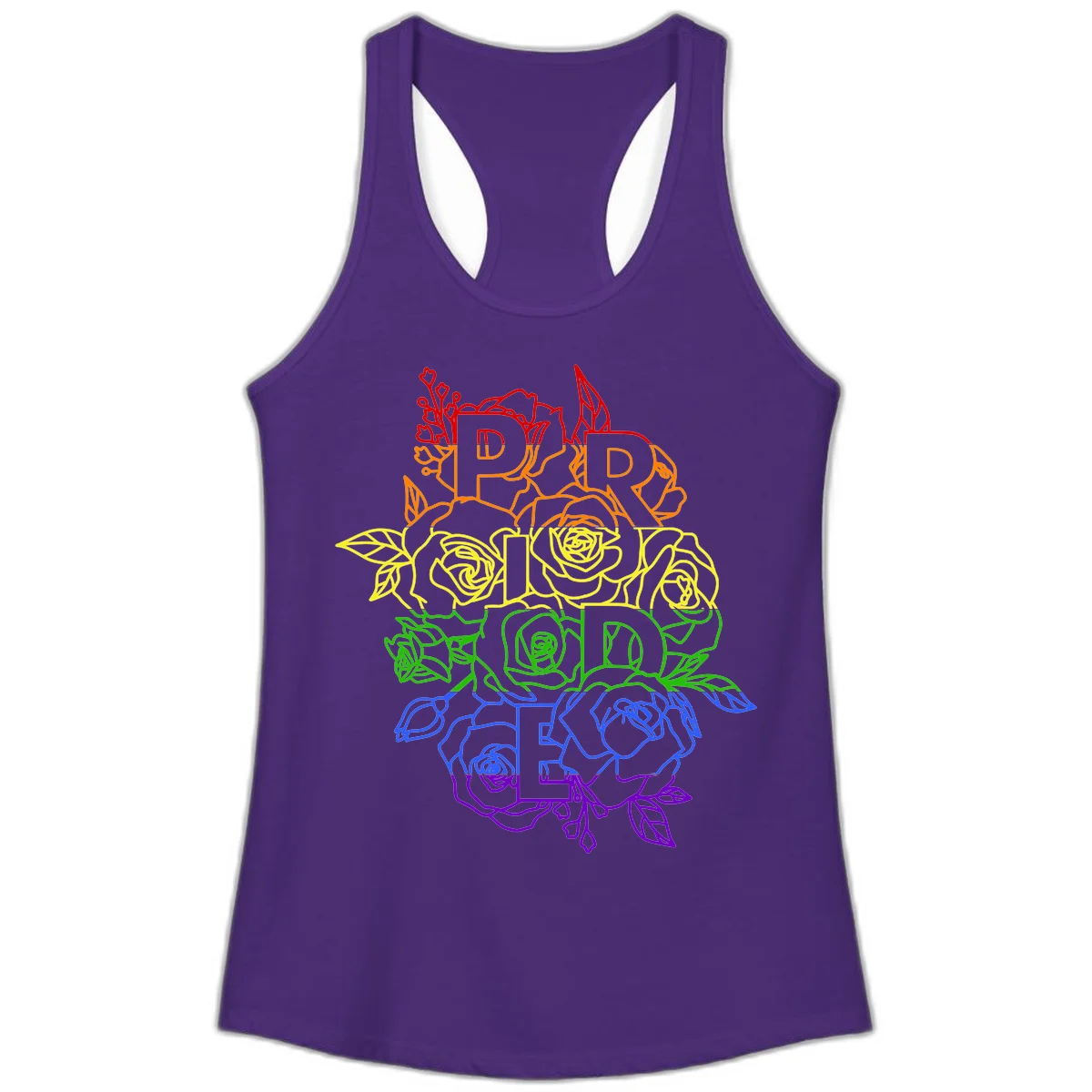 Pride rainbow floral design with roses and botanical leaves in red, orange, yellow, green, blue, and purple surrounding the word PRIDE in Solid Purple Rush