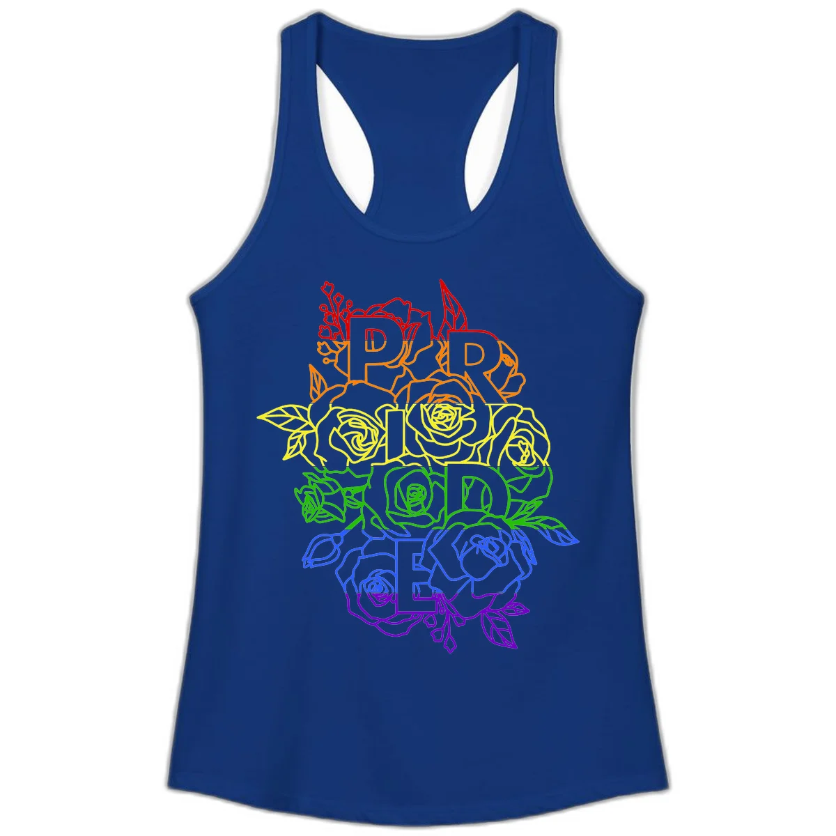 Pride rainbow floral design with roses and botanical leaves in red, orange, yellow, green, blue, and purple surrounding the word PRIDE in Solid Royal