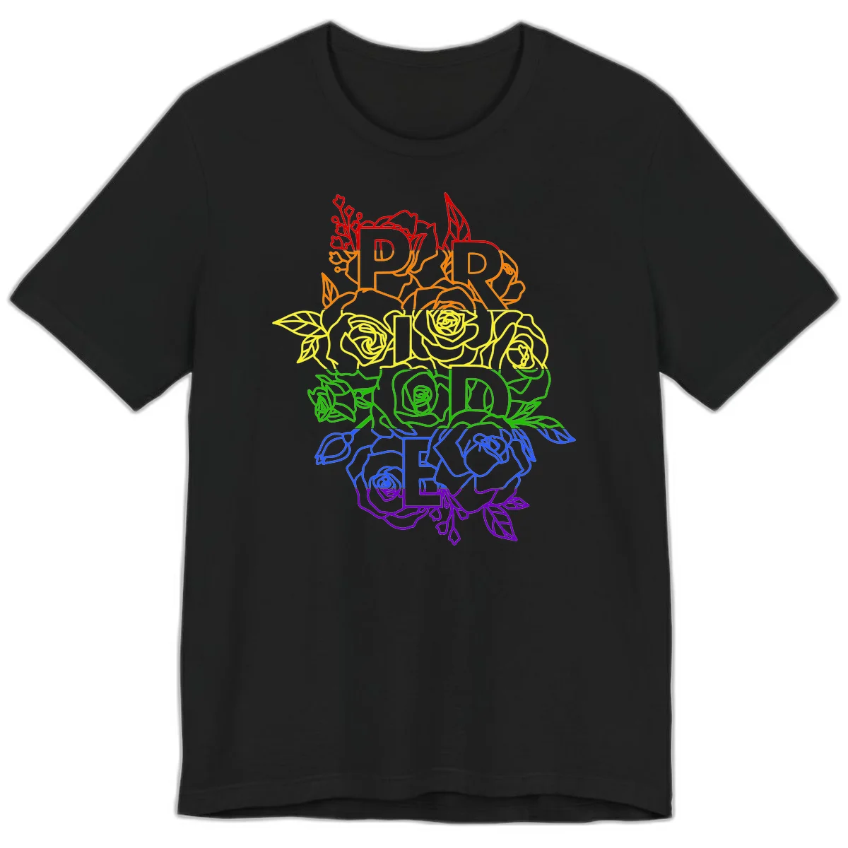 Pride rainbow floral design with roses and botanical leaves in red, orange, yellow, green, blue, and purple surrounding the word PRIDE in Black