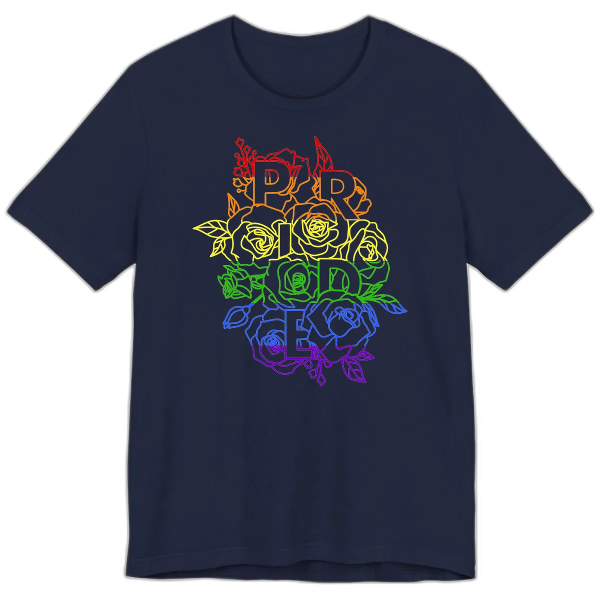 Pride rainbow floral design with roses and botanical leaves in red, orange, yellow, green, blue, and purple surrounding the word PRIDE in Navy