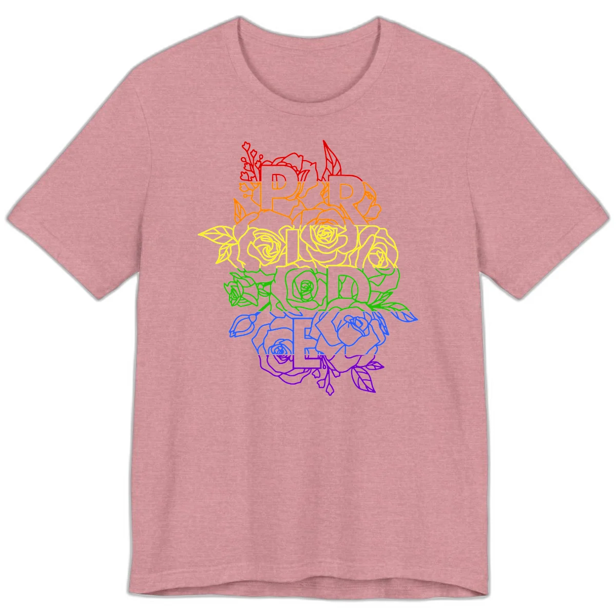 Pride rainbow floral design with roses and botanical leaves in red, orange, yellow, green, blue, and purple surrounding the word PRIDE in Heather Orchid