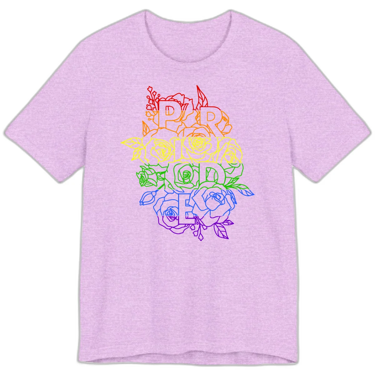 Pride rainbow floral design with roses and botanical leaves in red, orange, yellow, green, blue, and purple surrounding the word PRIDE in Heather Prism Lilac