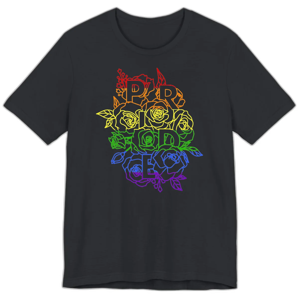 Pride rainbow floral design with roses and botanical leaves in red, orange, yellow, green, blue, and purple surrounding the word PRIDE in Vintage Black