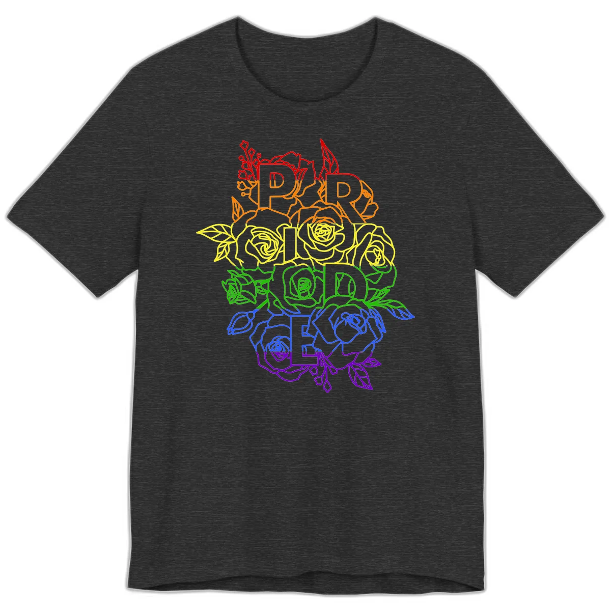 Pride rainbow floral design with roses and botanical leaves in red, orange, yellow, green, blue, and purple surrounding the word PRIDE in Dark Grey Heather