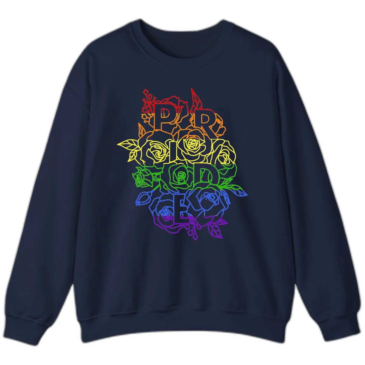 Pride rainbow floral design with roses and botanical leaves in red, orange, yellow, green, blue, and purple surrounding the word PRIDE in Navy