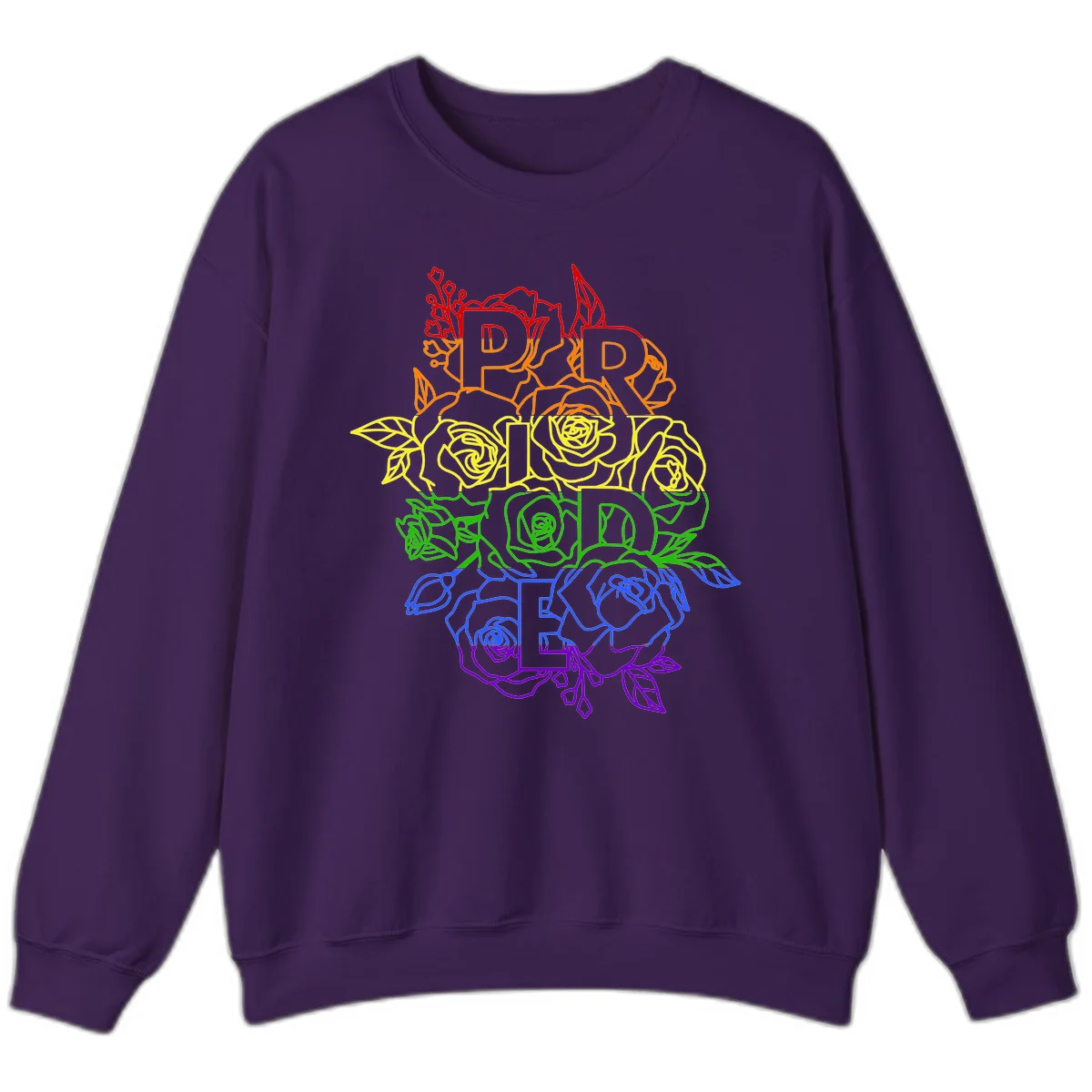 Pride rainbow floral design with roses and botanical leaves in red, orange, yellow, green, blue, and purple surrounding the word PRIDE in Purple